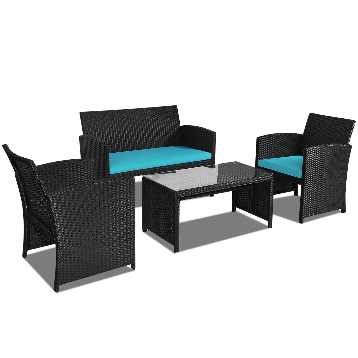 4 Pieces Rattan Patio Furniture Set with Weather Resistant Cushions and Tempered Glass Tabletop-Navy - Turquoise