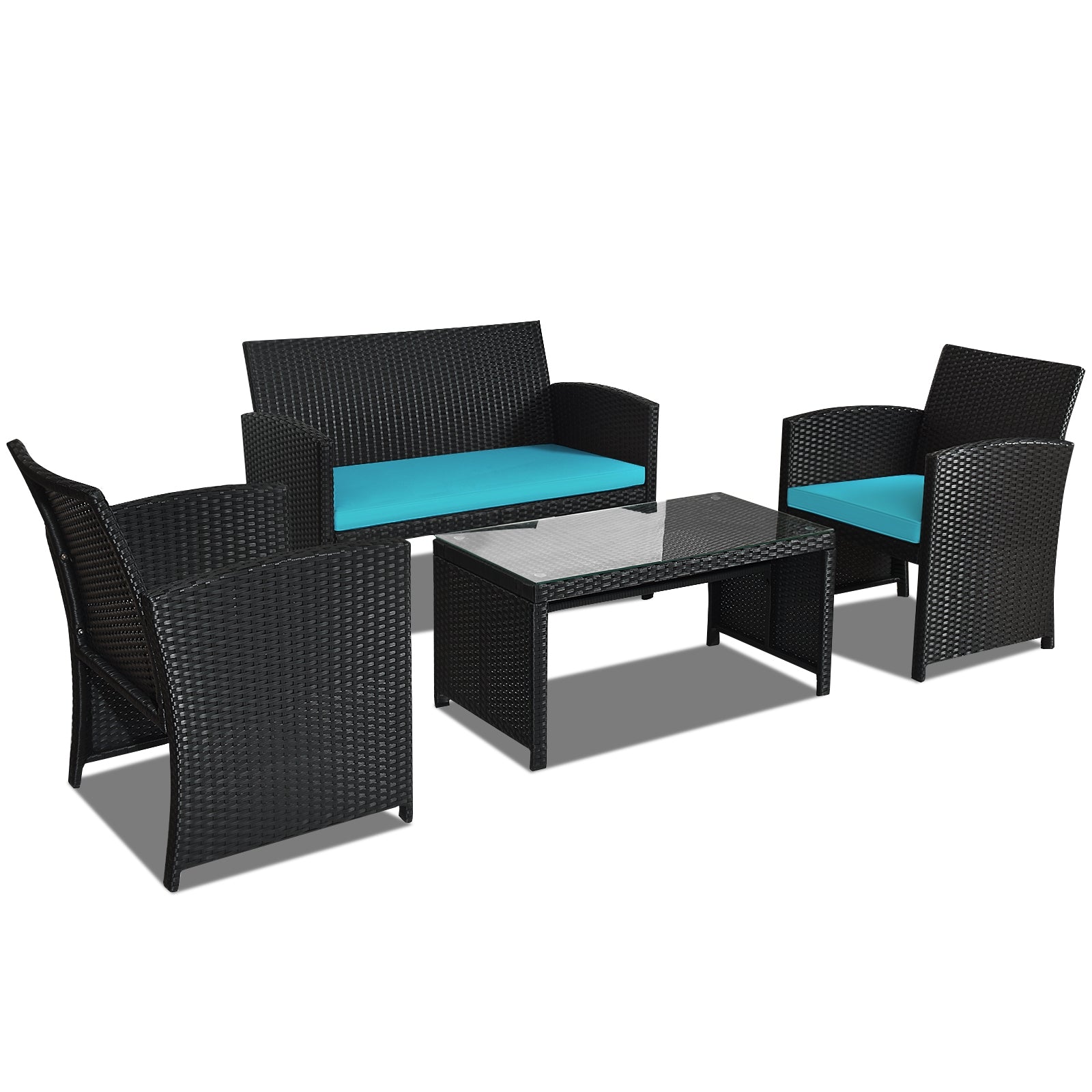 4 Pieces Rattan Patio Furniture Set with Weather Resistant Cushions and Tempered Glass Tabletop-Navy - Turquoise