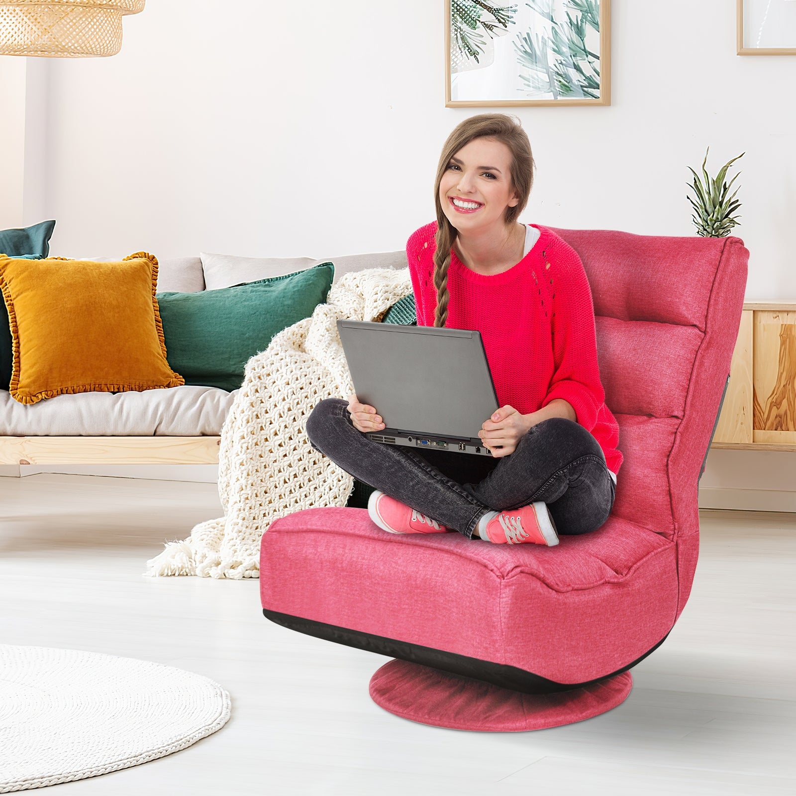 5-Position Folding Floor Gaming Chair-Pink