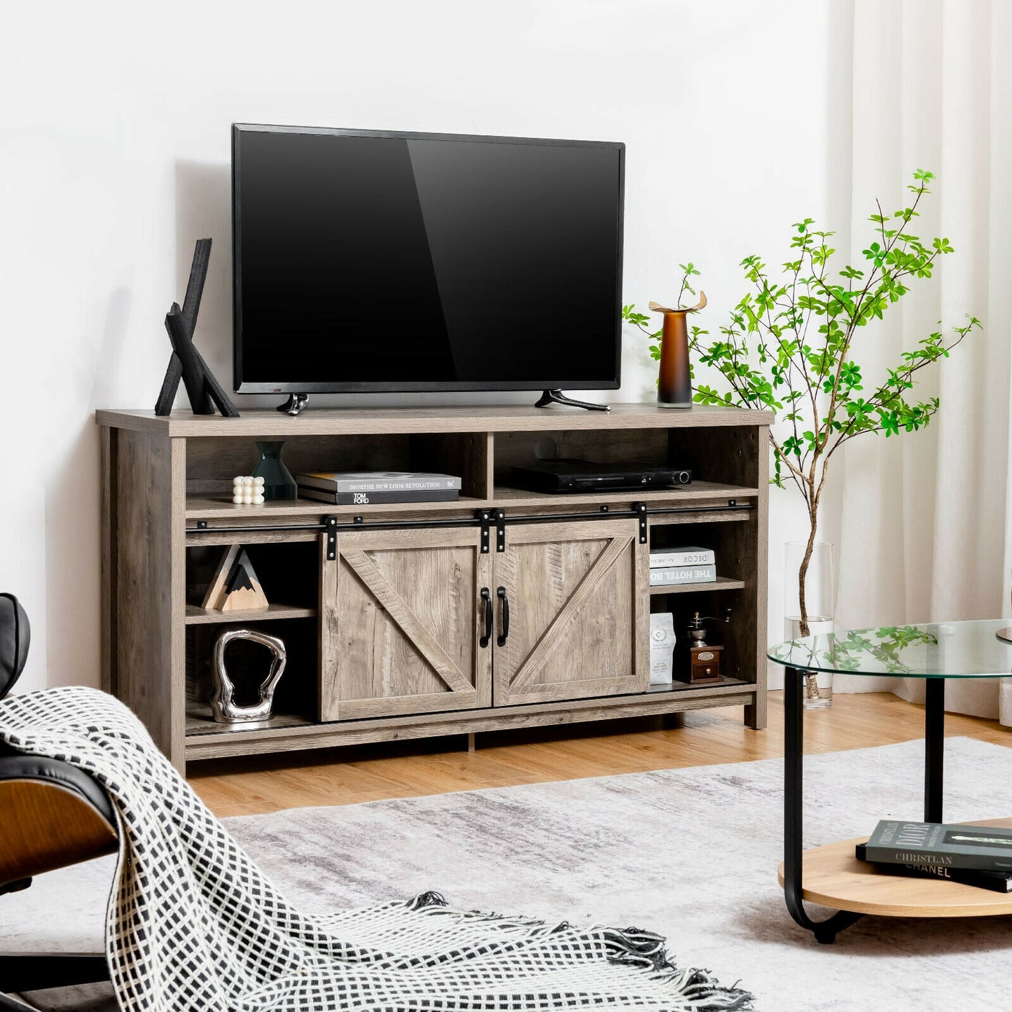 59 Inch Sliding Barn Door TV Stand with Adjustable Shelves for TVs up to 65 Inch