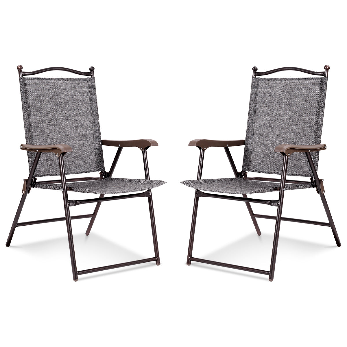 Set of 2 Patio Folding Sling Back Camping Deck Chairs-Black - Gray