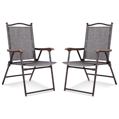 Set of 2 Patio Folding Sling Back Camping Deck Chairs-Black - Gray
