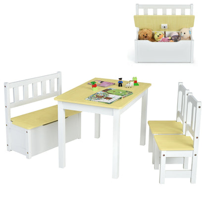 4 Pieces Kids Wooden Activity Table and Chairs Set with Storage Bench and Study Desk-Natural - Natural
