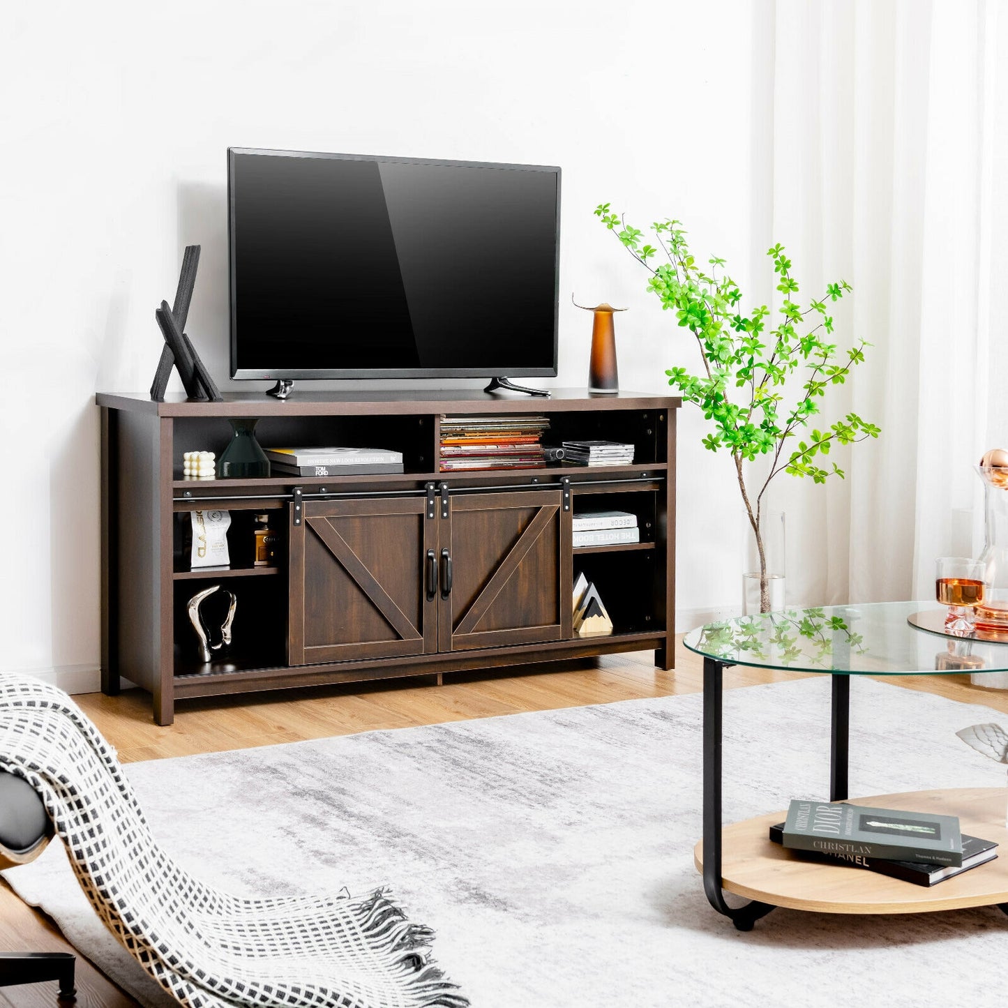 59 Inch Sliding Barn Door TV Stand with Adjustable Shelves for TVs up to 65 Inch