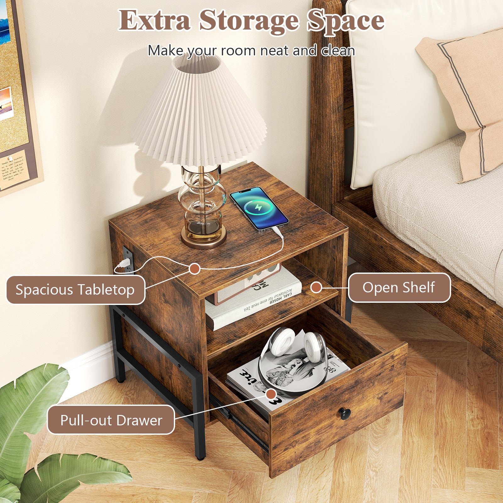 Nightstand with Charging Station and Drawer Sofa Side Table-Rustic Brown