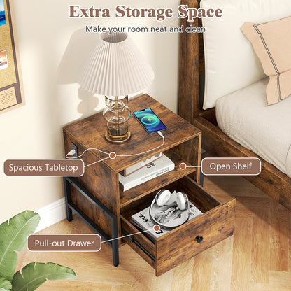Nightstand with Charging Station and Drawer Sofa Side Table-Rustic Brown