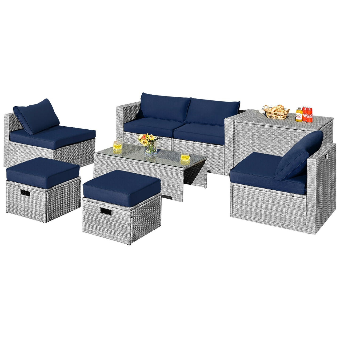 8 Pieces Patio Rattan Furniture Set with Storage Waterproof Cover and Cushion-Gray - Navy