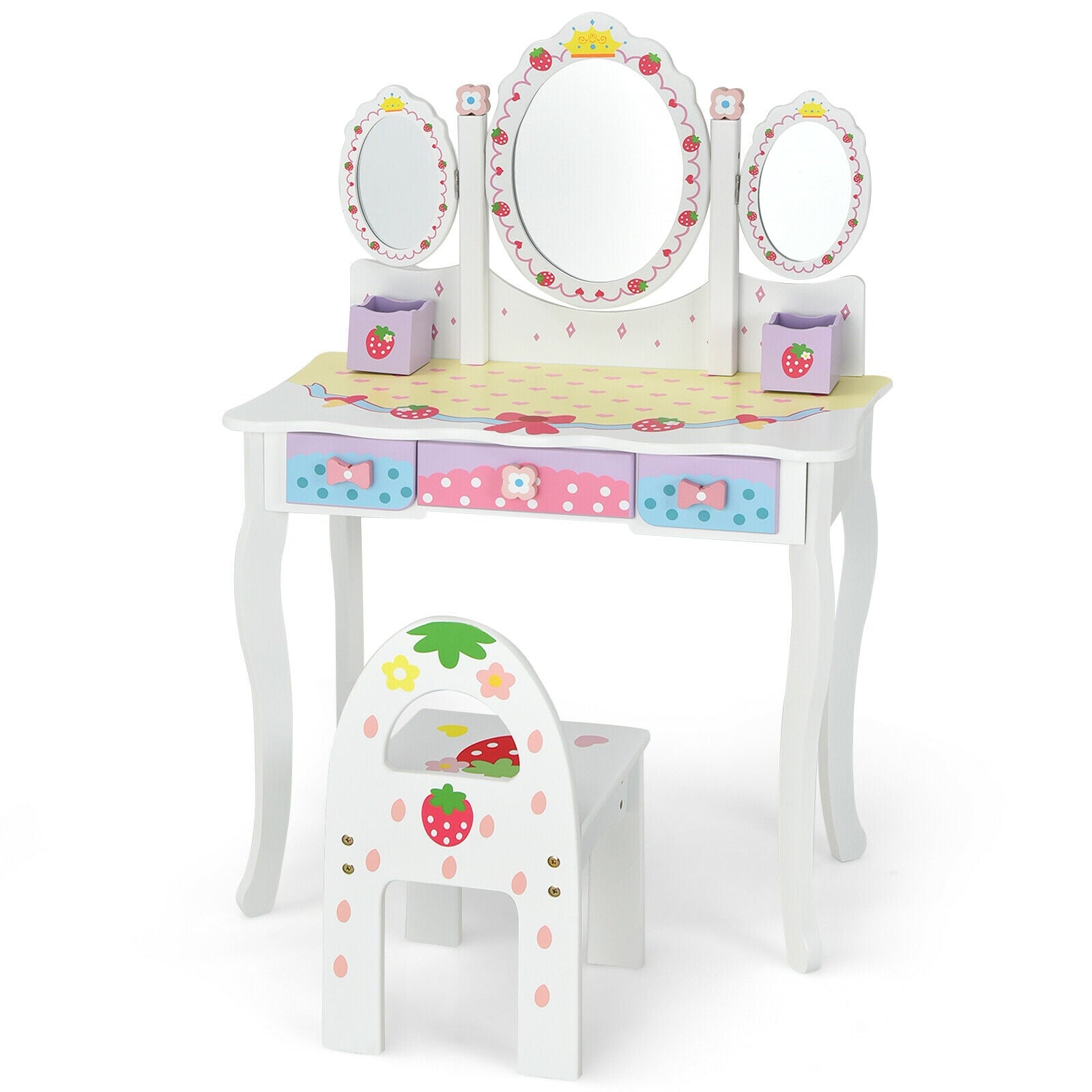 Kids Vanity Princess Makeup Dressing Table Chair Set with Tri-fold Mirror-Pink - White