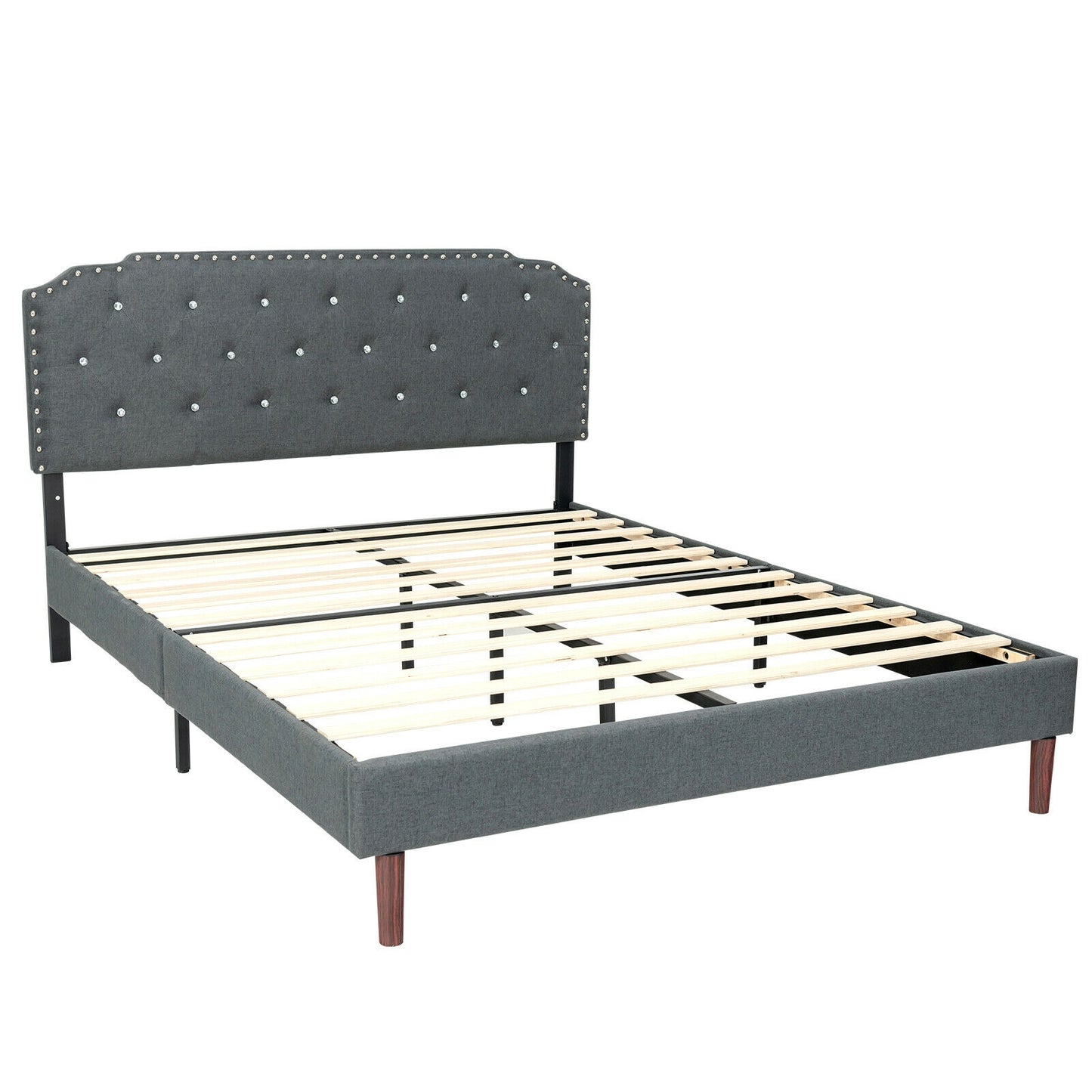 Upholstered Bed Frame with Adjustable Diamond Button Headboard