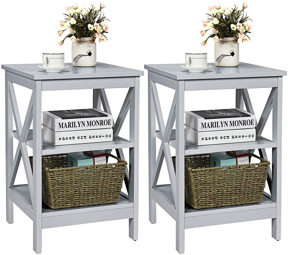 3-Tier X-Design Nightstands with Storage Shelves for Living Room Bedroom-Gray