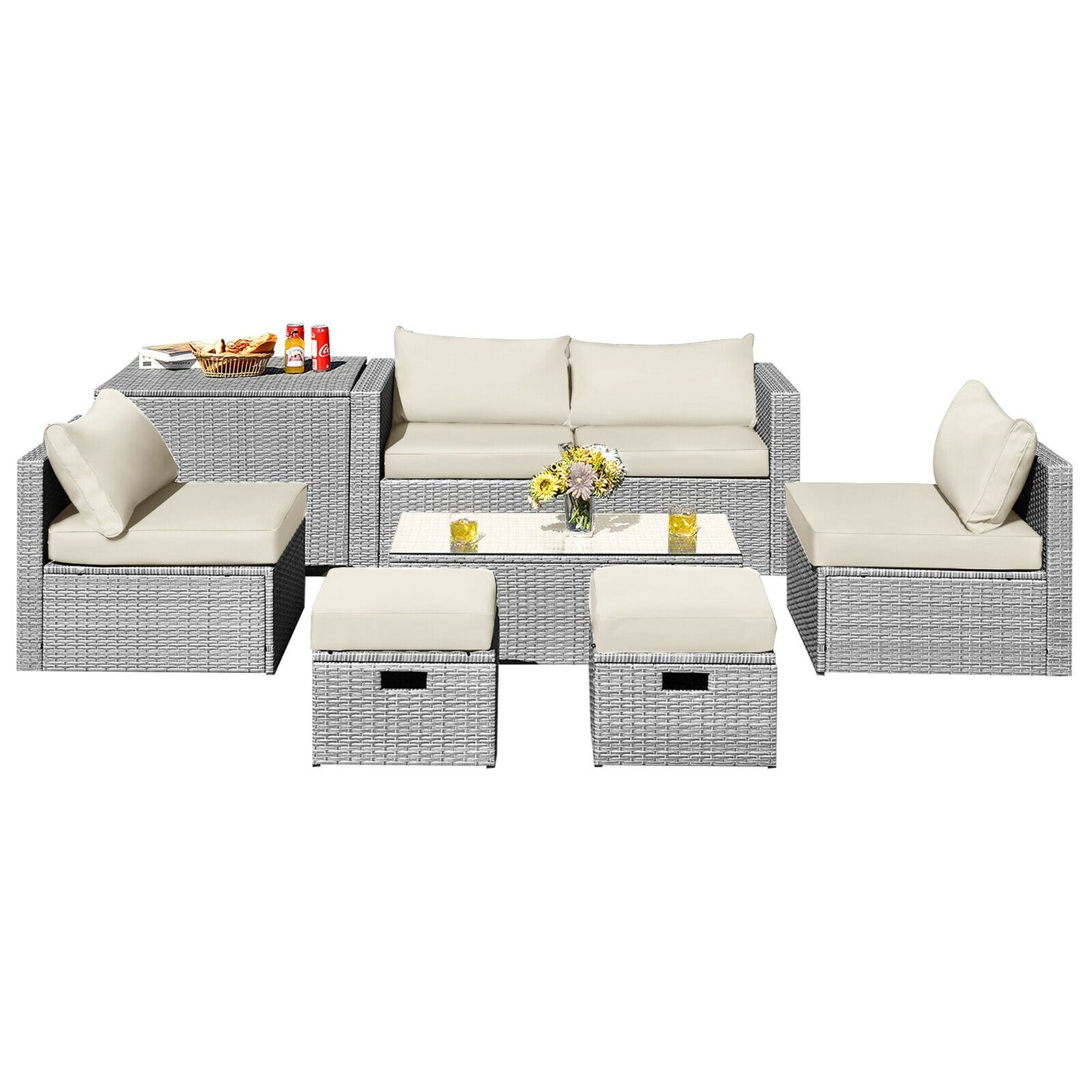 8 Pieces Patio Rattan Furniture Set with Storage Waterproof Cover and Cushion-Gray - Off White