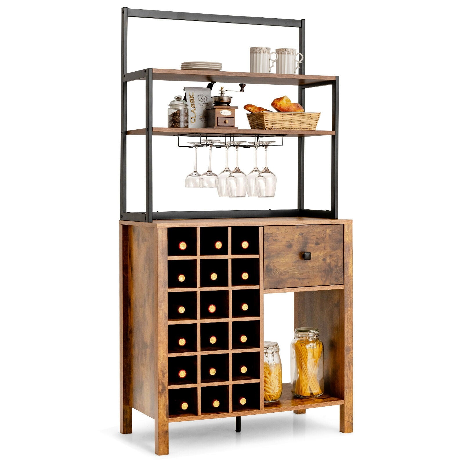 Kitchen Bakers Rack Freestanding Wine Rack Table with Glass Holder and Drawer-Black - Rustic Brown