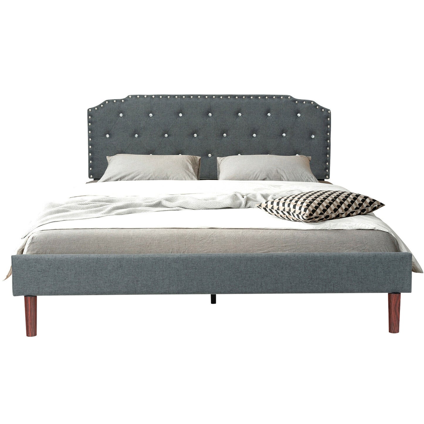 Upholstered Bed Frame with Adjustable Diamond Button Headboard-Queen Size - Queen Size