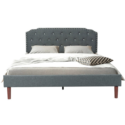 Upholstered Bed Frame with Adjustable Diamond Button Headboard-Queen Size - Queen Size