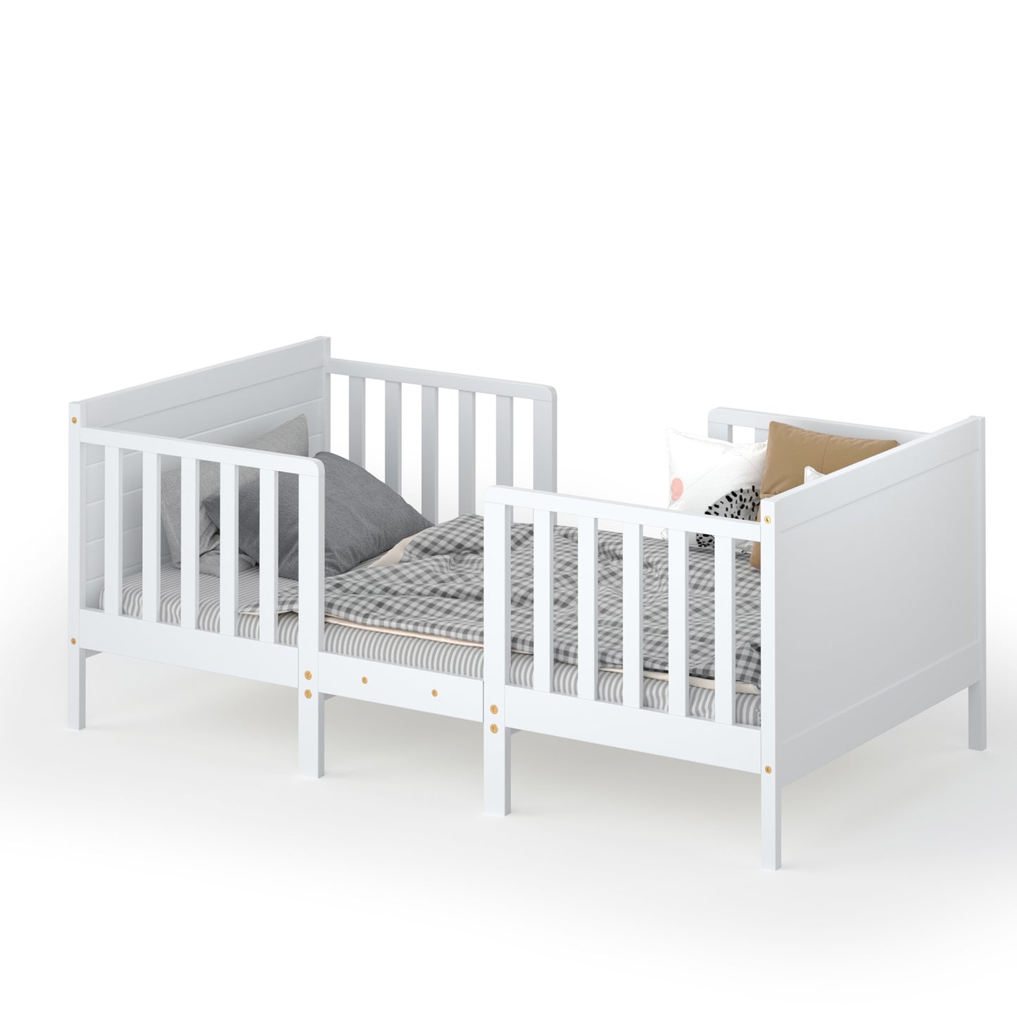 2-in-1 Convertible Kids Wooden Bedroom Furniture with Guardrails-Brown - White