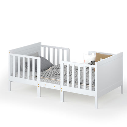 2-in-1 Convertible Kids Wooden Bedroom Furniture with Guardrails-Brown - White