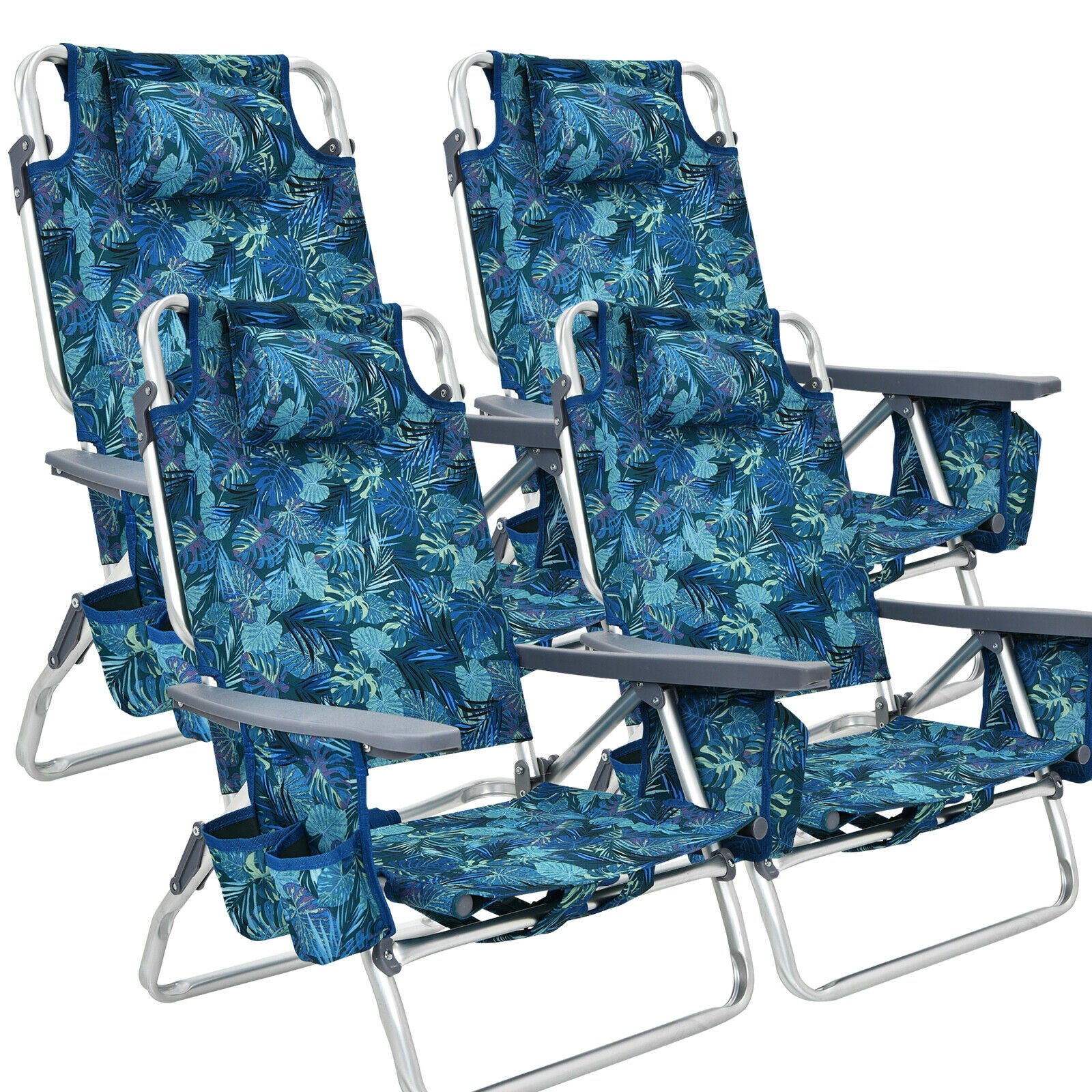 4-Pack 5-Position Outdoor Folding Backpack Beach Reclining Chair with Pillow-Blue - Navy