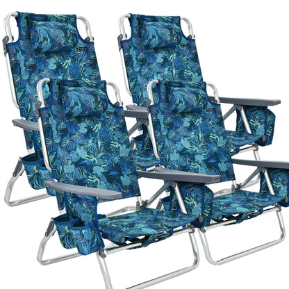 4-Pack 5-Position Outdoor Folding Backpack Beach Reclining Chair with Pillow-Blue - Navy