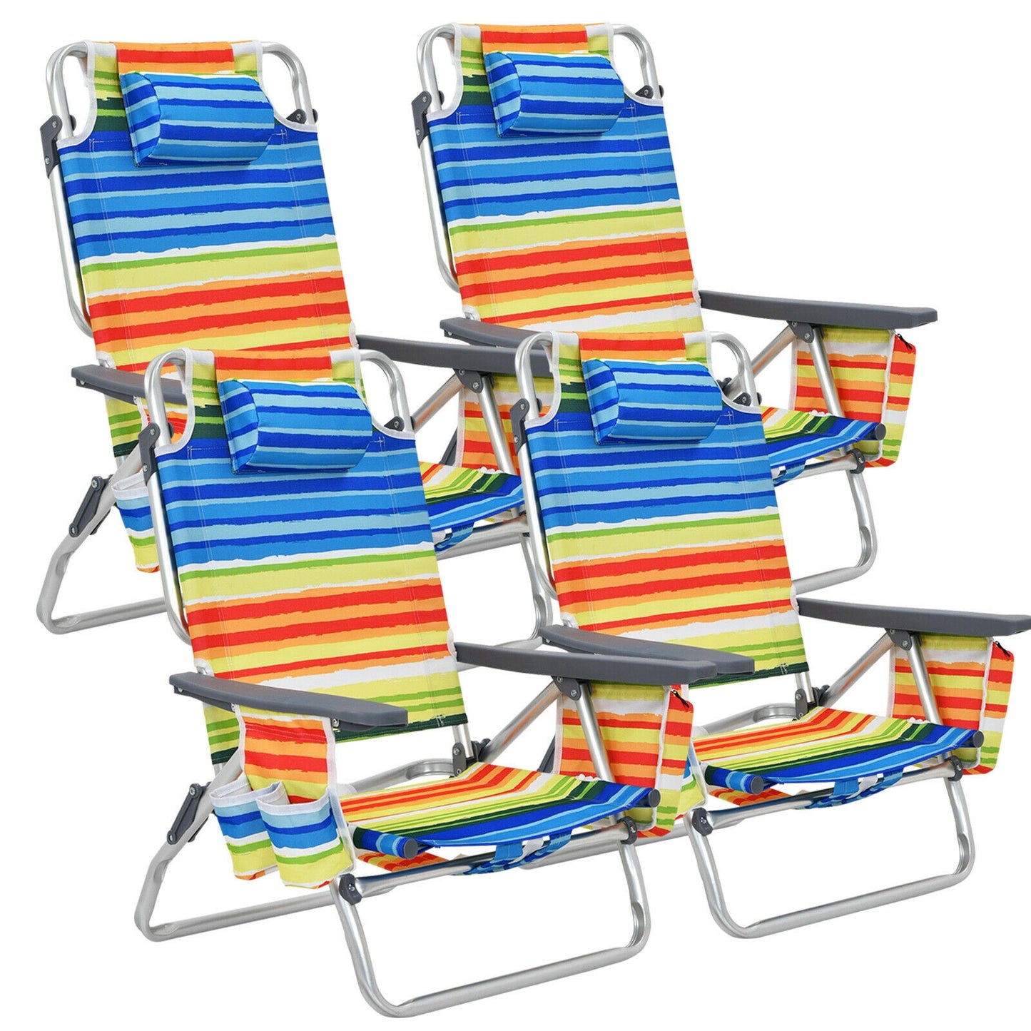 4-Pack 5-Position Outdoor Folding Backpack Beach Reclining Chair with Pillow-Blue - Yellow