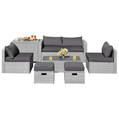 8 Pieces Patio Rattan Furniture Set with Storage Waterproof Cover and Cushion-Gray - Gray