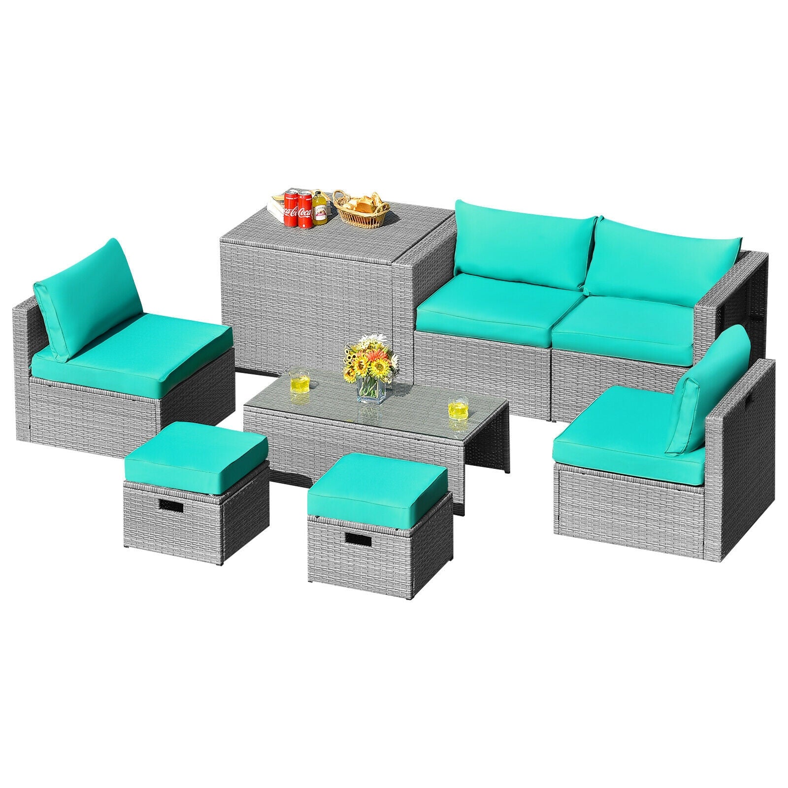 8 Pieces Patio Rattan Furniture Set with Storage Waterproof Cover and Cushion-Gray - Turquoise