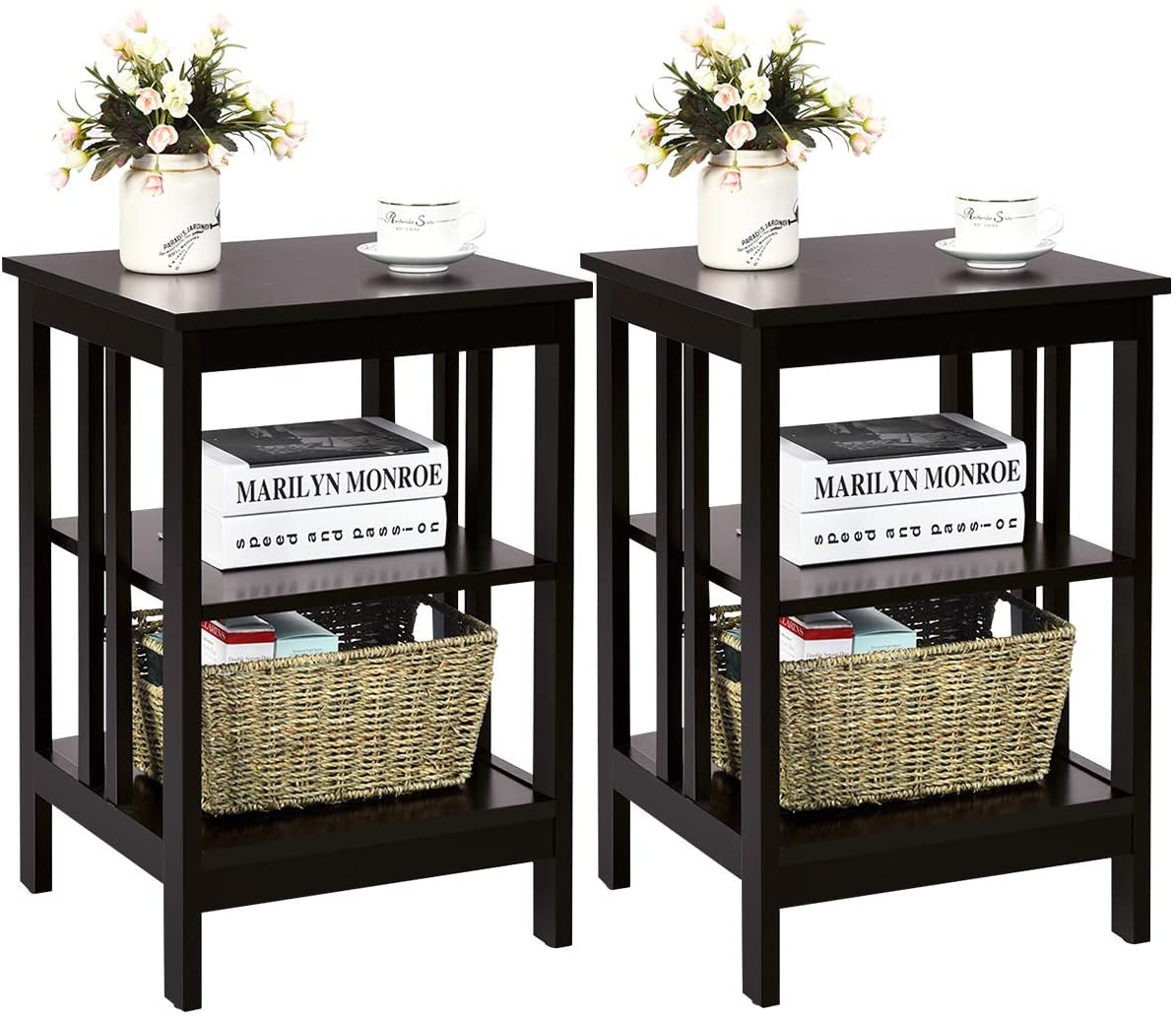 2 Pieces 3-Tier Nightstand with Reinforced Bars and Stable Structure-Dark Brown