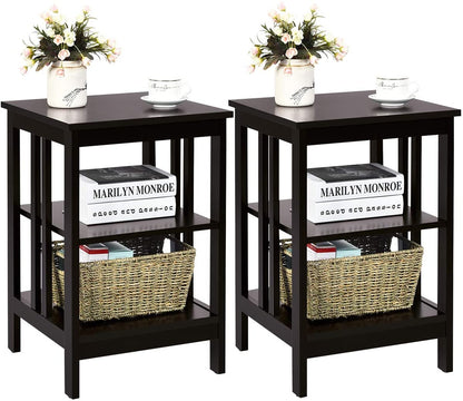 2 Pieces 3-Tier Nightstand with Reinforced Bars and Stable Structure-Dark Brown