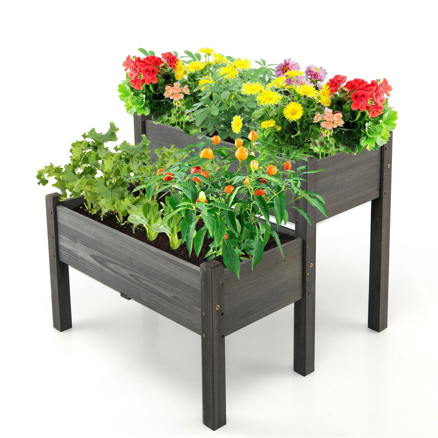 2 Tier Wooden Raised Garden Bed with Legs Drain Holes-Gray - Gray