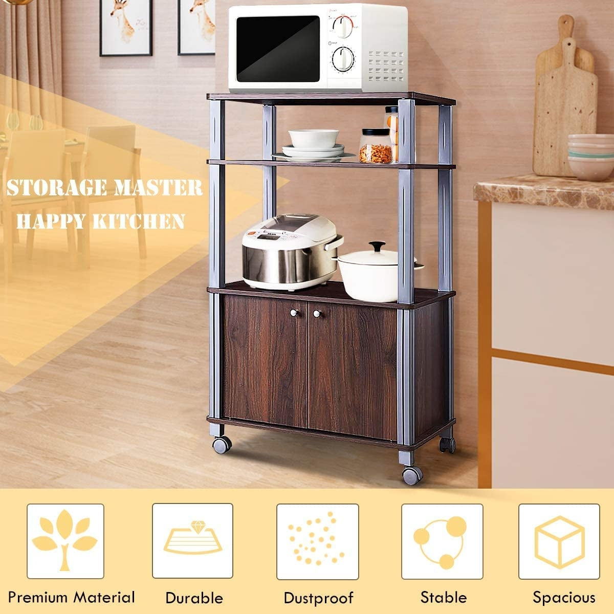 Microwave Rack Stand Rolling Storage Cart-Walnut - Walnut