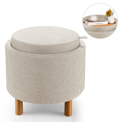 Round Fabric Storage Ottoman with Tray and Non-Slip Pads for Bedroom