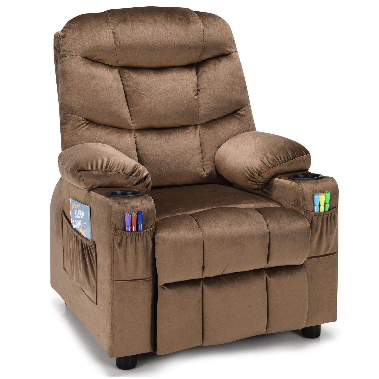 Kids Recliner Chair with Cup Holder and Footrest for Children-Black - Light Brown