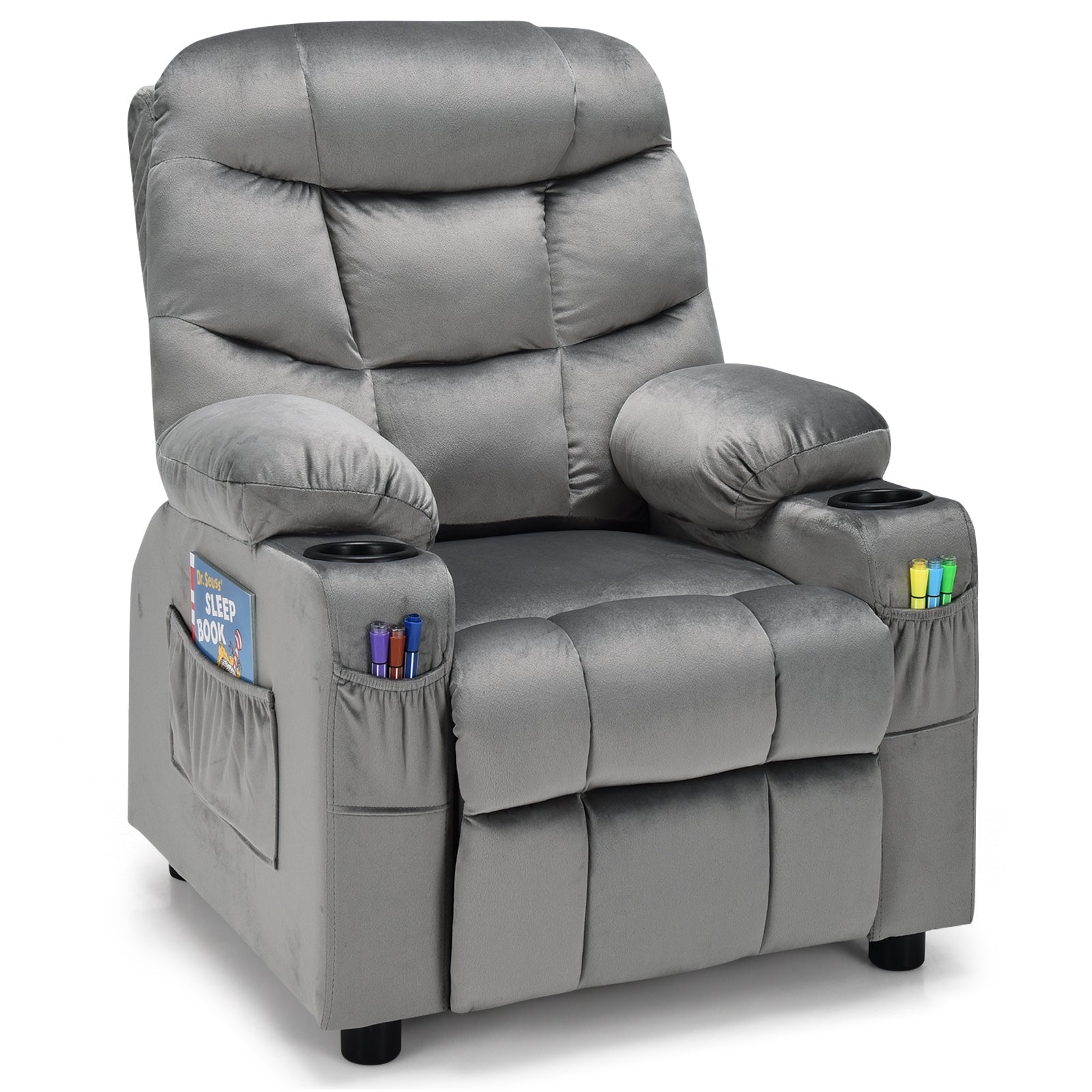 Kids Recliner Chair with Cup Holder and Footrest for Children-Black - Light Gray