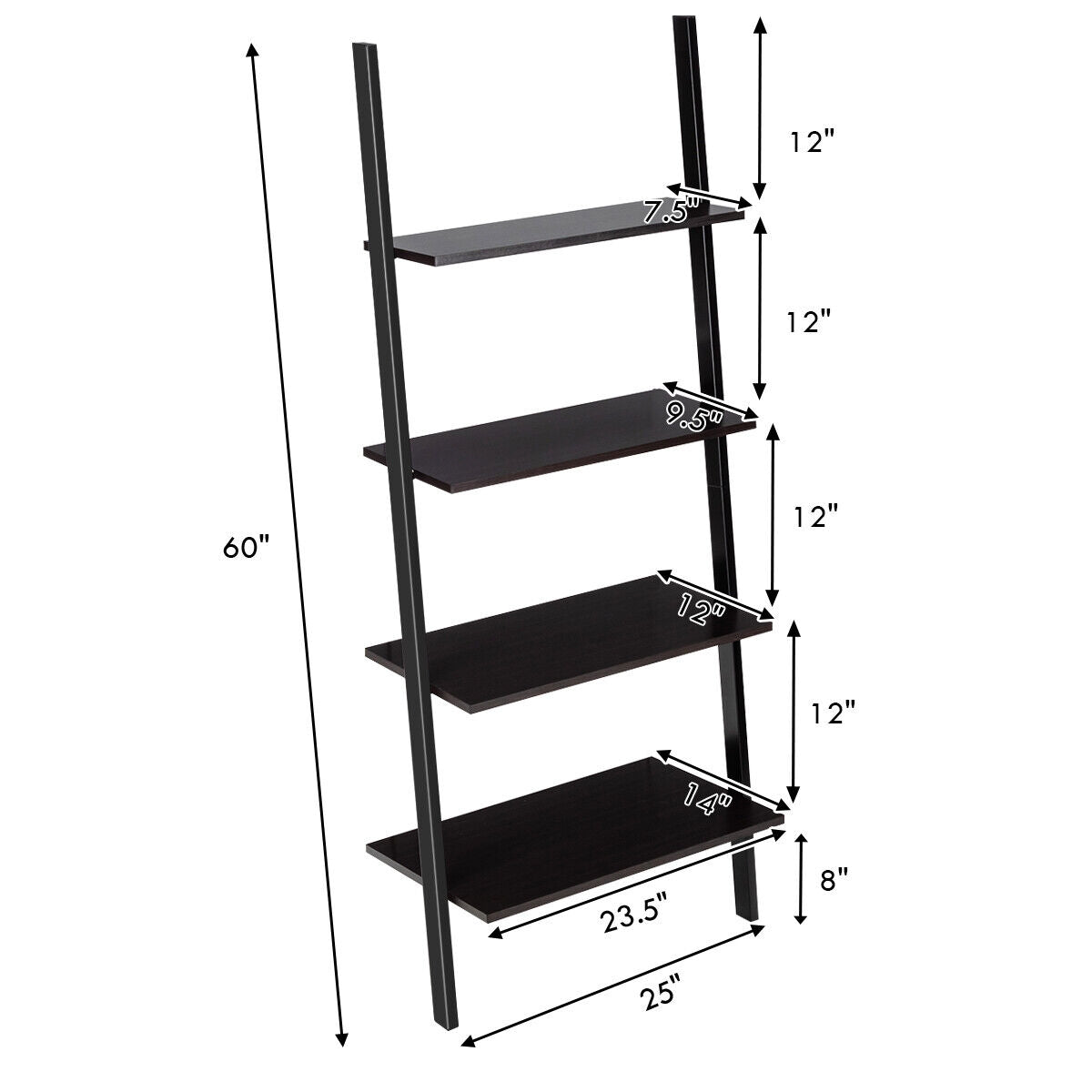 4-Tier Industrial Leaning Wall Bookcase-Black