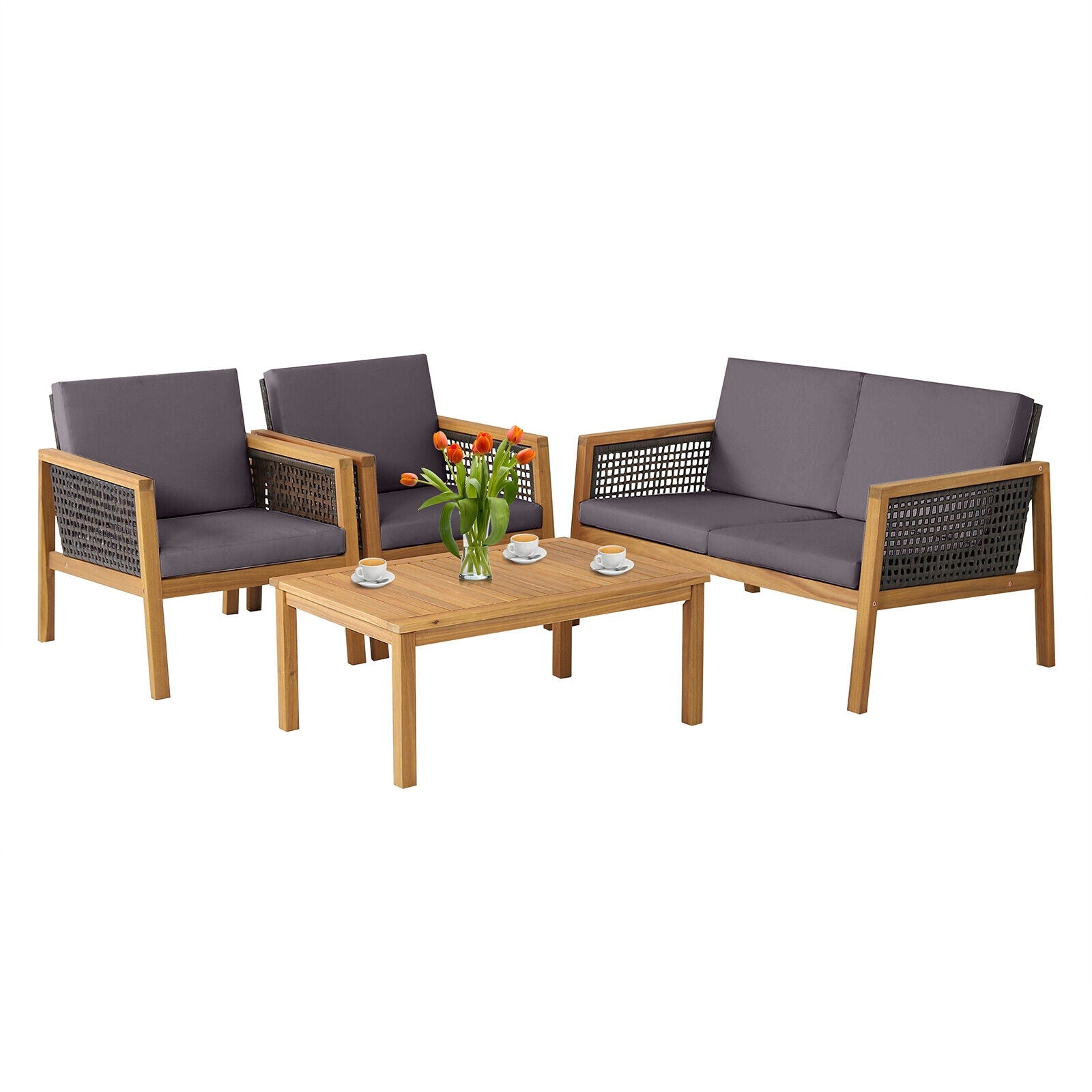 4 Pieces Patio Rattan Furniture Set with Removable Cushions-White - Gray