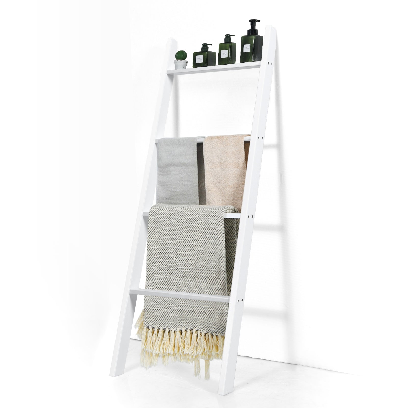 4-Tier Wall Leaning Ladder Shelf Stand-White - White