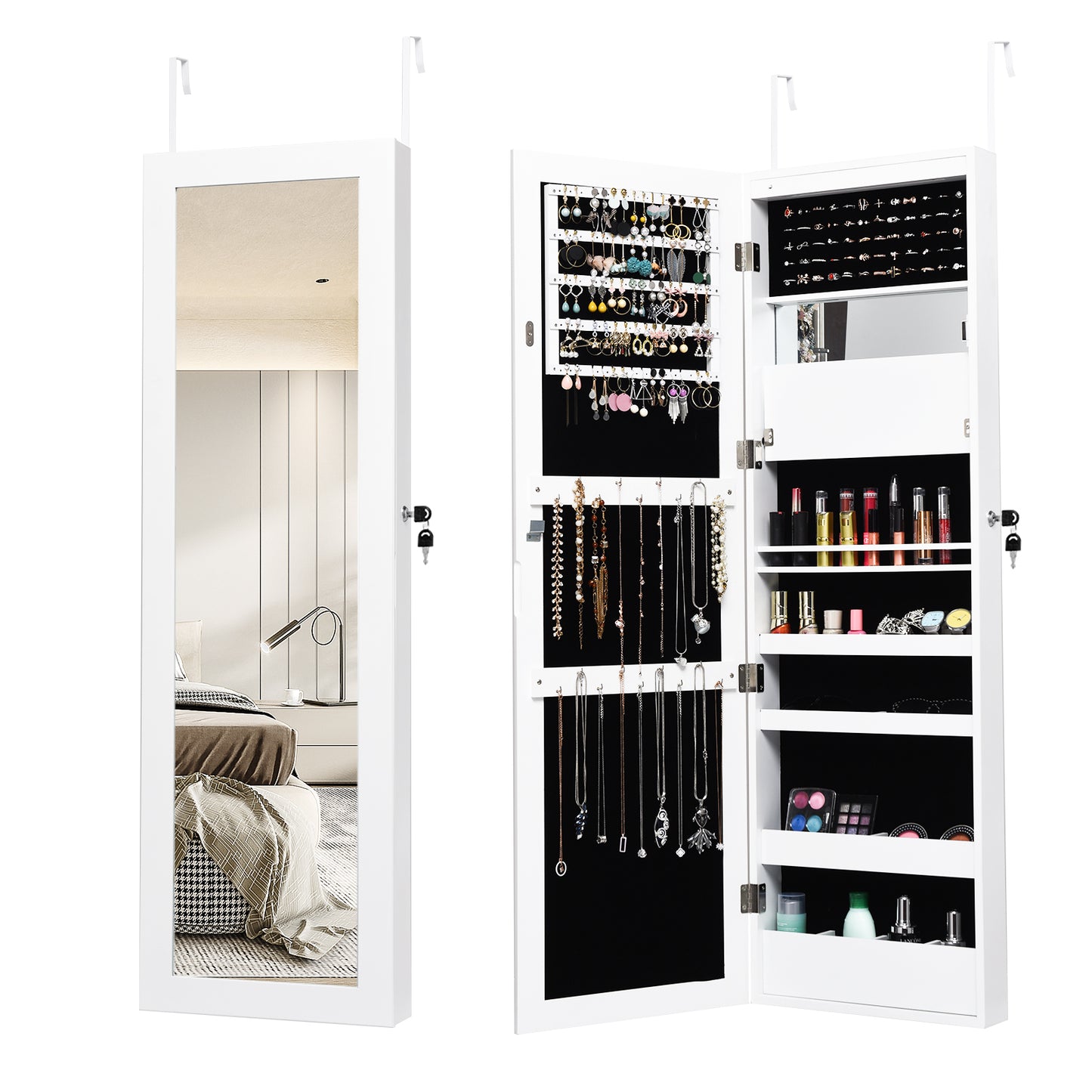 Lockable Wall Door Mounted Mirror Jewelry Cabinet w/LED Lights-Black - White
