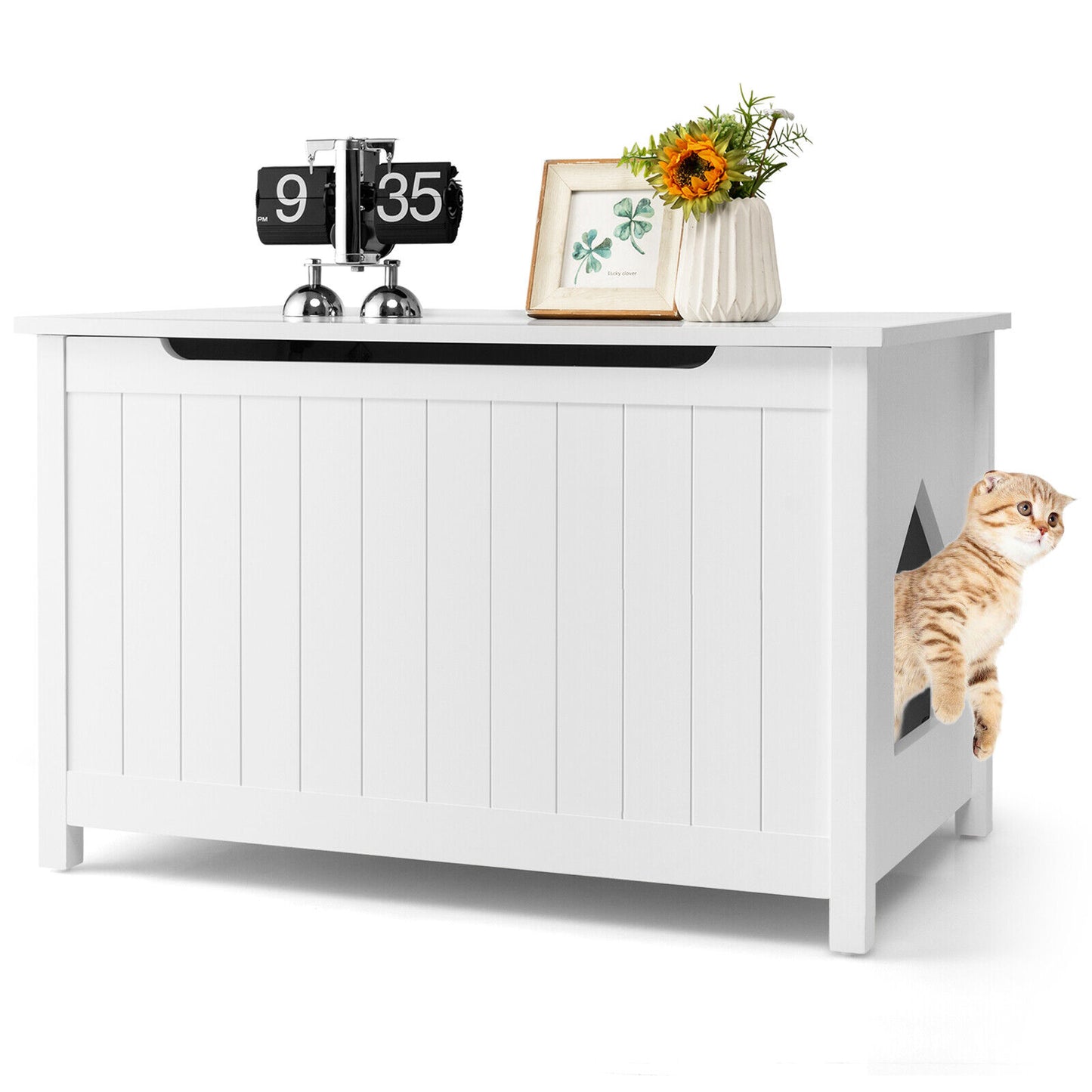 Wooden Cat Litter Box Enclosure with Top Opening Side Table Furniture-White