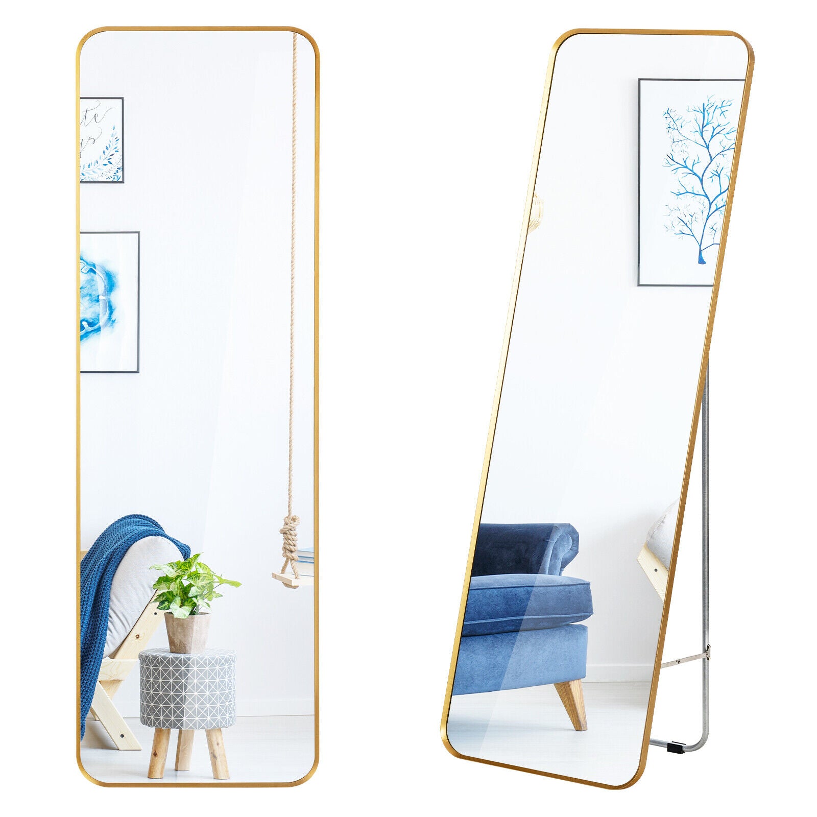 Full Length Wall Mounted Body Mirror with Free Standing Stand-Golden