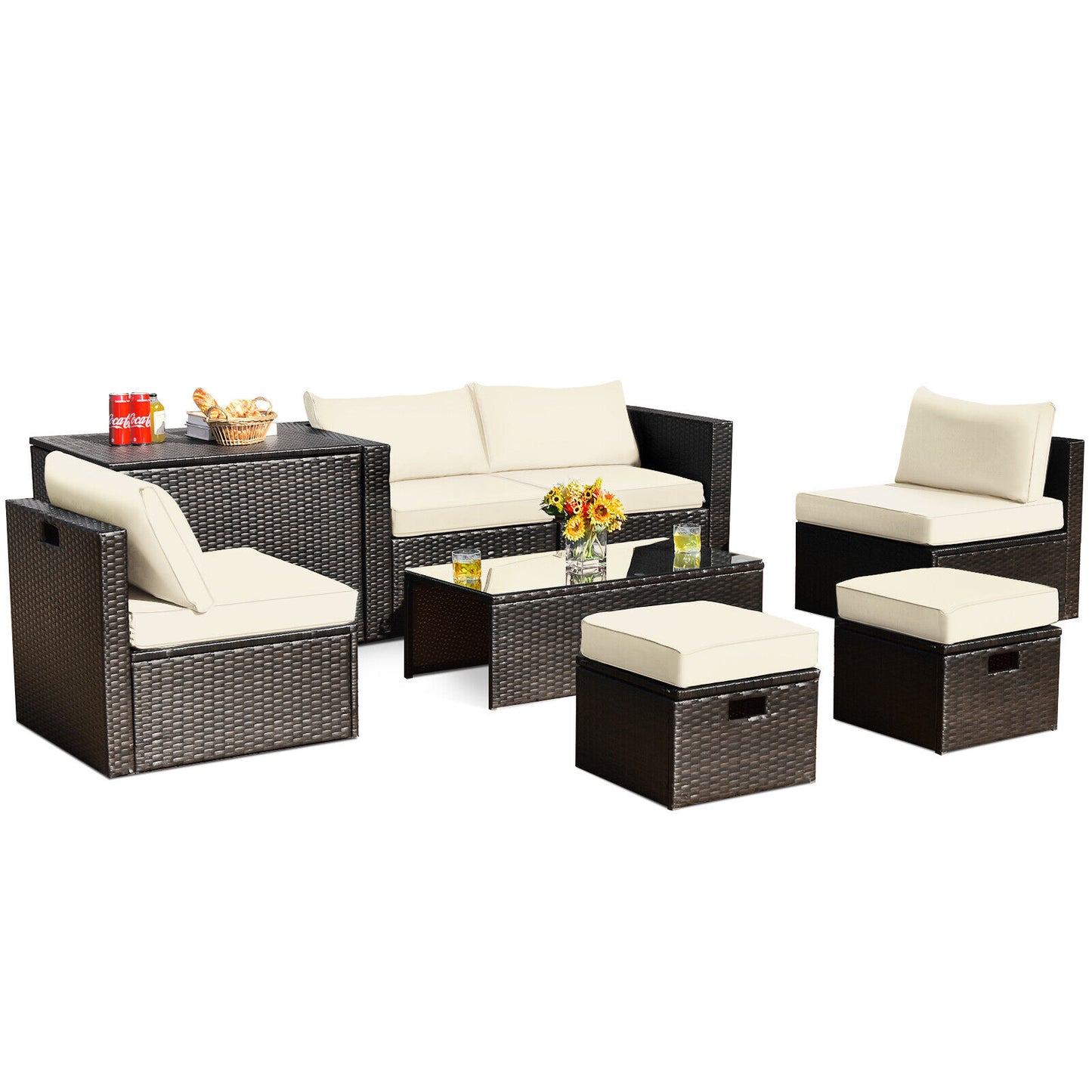 8 Pieces Patio Space-Saving Rattan Furniture Set with Storage Box and Waterproof Cover-Gray - White