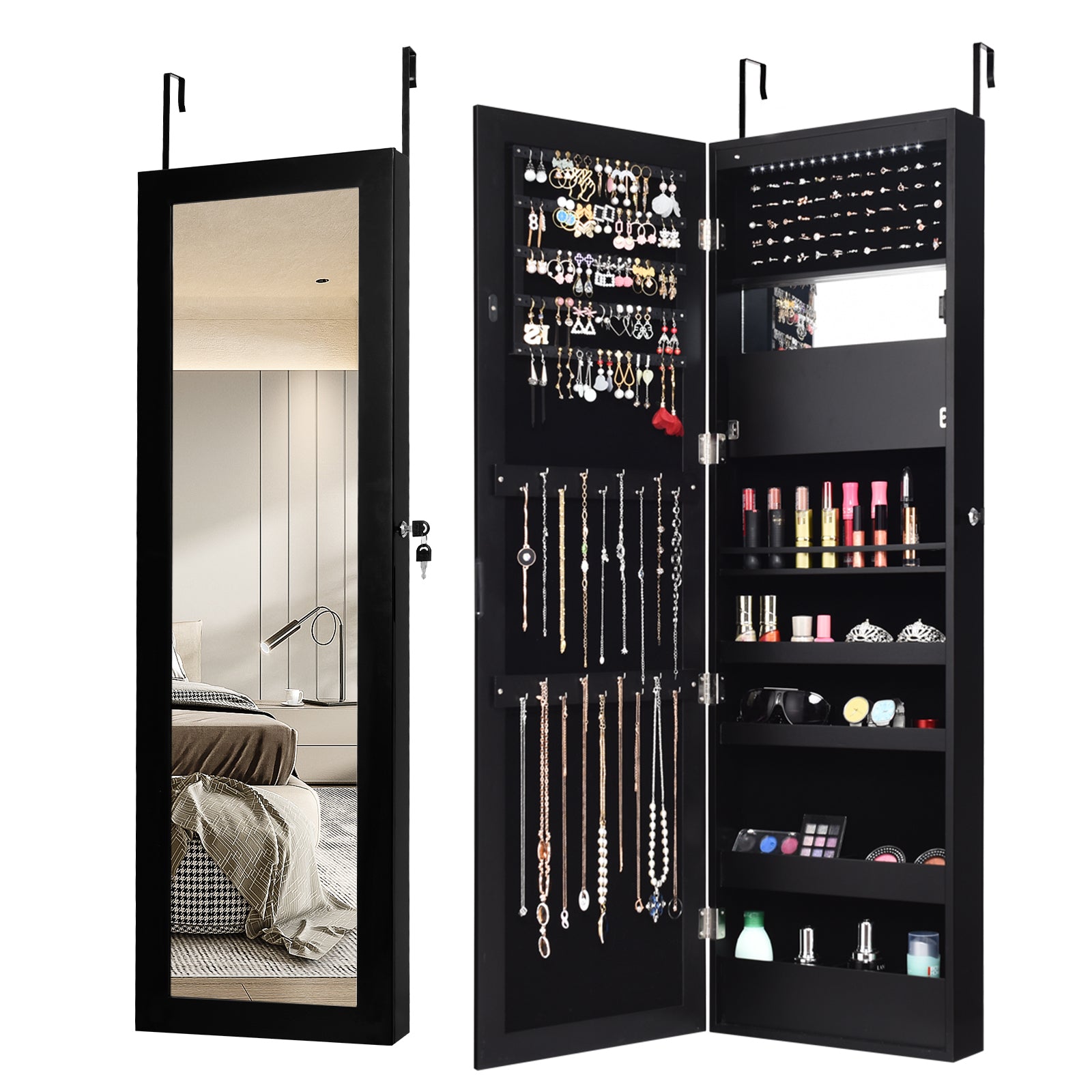 Lockable Wall Door Mounted Mirror Jewelry Cabinet w/LED Lights-Black - Black
