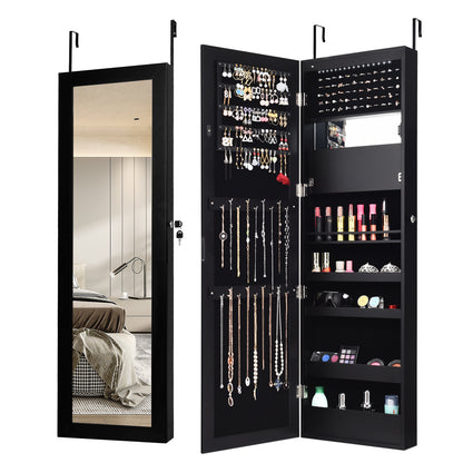 Lockable Wall Door Mounted Mirror Jewelry Cabinet w/LED Lights-Black - Black