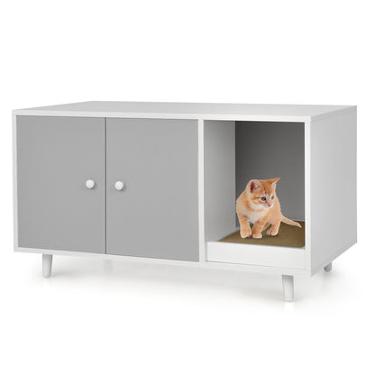 Cat Litter Box Enclosure with Divider and Double Doors-Gray - Gray