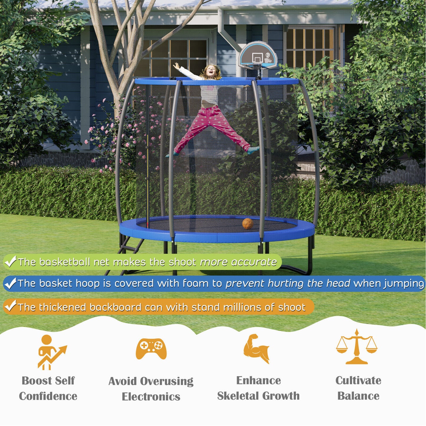 8 Feet Recreational Trampoline with Basketball Hoop and Net Ladder