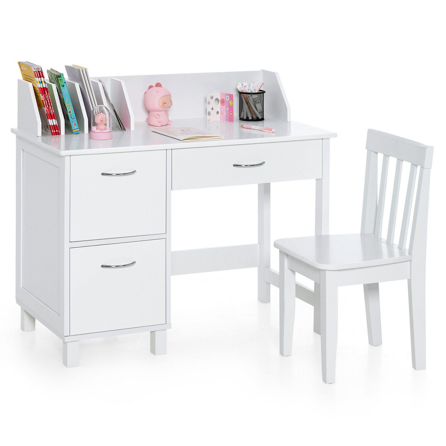 Kids Wooden Writing Furniture Set with Drawer and Storage Cabinet-White - White