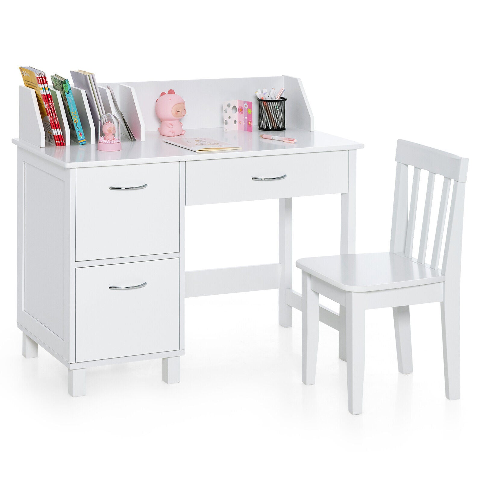 Kids Wooden Writing Furniture Set with Drawer and Storage Cabinet-White - White