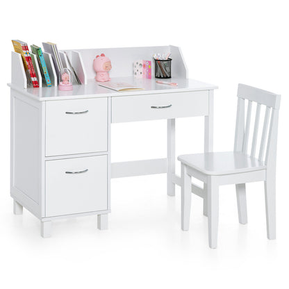 Kids Wooden Writing Furniture Set with Drawer and Storage Cabinet-White - White