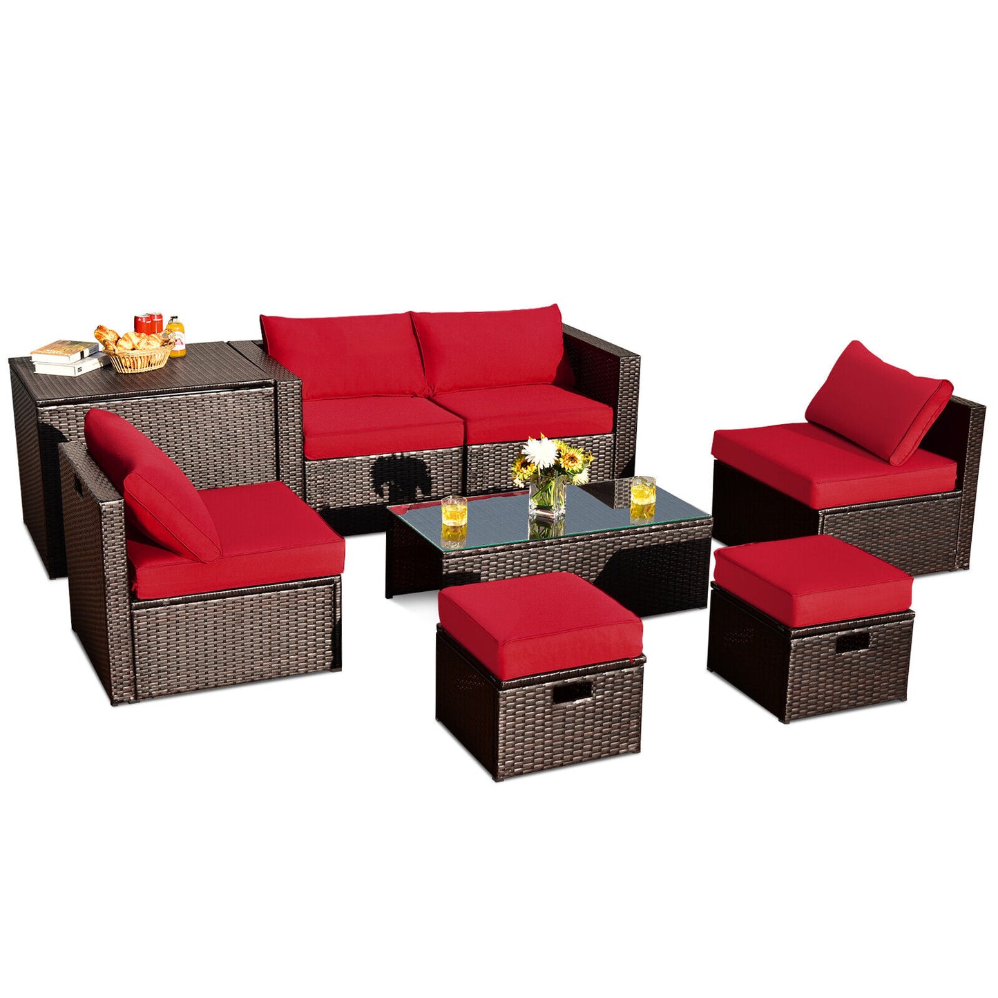 8 Pieces Patio Space-Saving Rattan Furniture Set with Storage Box and Waterproof Cover-Gray - Red