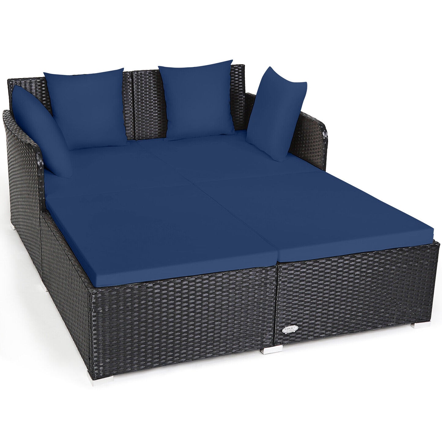 Spacious Outdoor Rattan Daybed with Upholstered Cushions and Pillows-Black - Navy