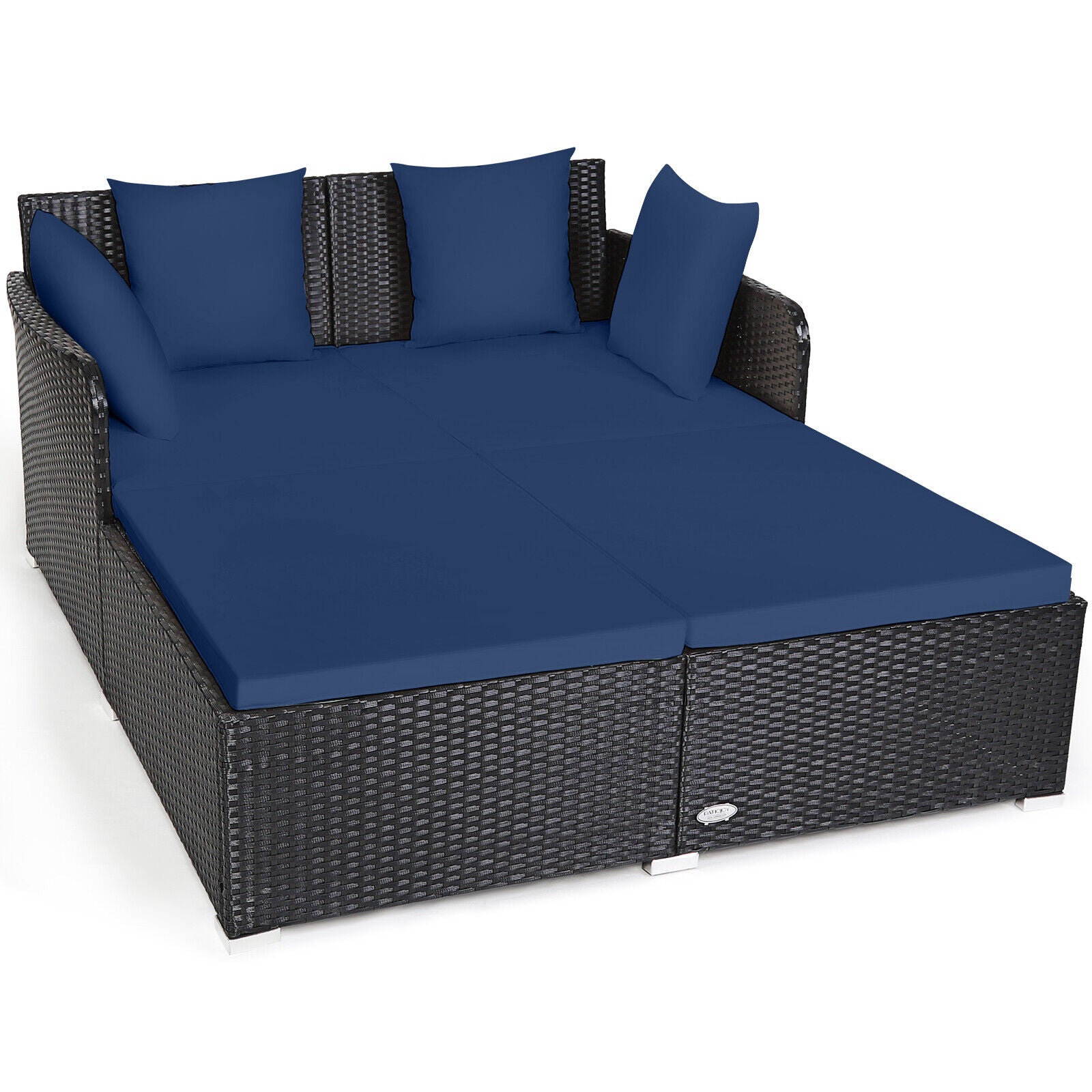 Spacious Outdoor Rattan Daybed with Upholstered Cushions and Pillows-Black - Navy