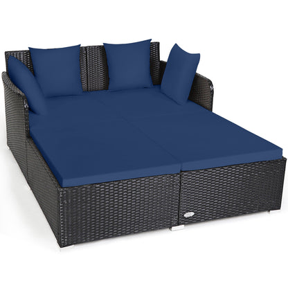 Spacious Outdoor Rattan Daybed with Upholstered Cushions and Pillows-Black - Navy